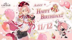  1boy ahoge androgynous artist_request aster_(nu_carnival) balloon birthday black_shorts character_name coin collared_shirt commentary copyright_name cupcake dated english_commentary fireworks food frilled_shorts frills gold_coin happy_birthday hat holding holding_food male_focus navel nu_carnival official_art one_eye_closed open_mouth pink_hair plaid_headwear pointy_ears red_eyes red_hat shirt short_hair short_shorts shorts solo sparkler stomach white_shirt 