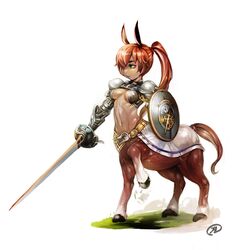  2019 absurd_res armor breasts centaur clothed clothing equid equid_taur european_mythology female filemonte greek_mythology green_eyes hair hi_res hooves humanoid_taur mammal mammal_taur melee_weapon mythology ponytail shield solo standing sword taur unconvincing_armor weapon 