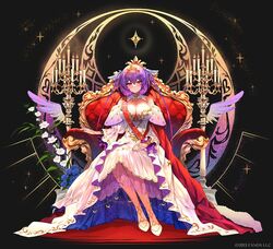  aran_(sennen_sensou_aigis) black_background blue_flower blue_rose breasts candlestand chair copyright_notice crescent detached_wings dress female flower gold_trim hair_between_eyes hand_on_lap head_wings high-low_skirt highres large_breasts moon_(ornament) purple_hair red_eyes red_sash rose sagara_riri sash sennen_sensou_aigis short_hair sitting star_(symbol) tiara white_dress white_flower white_footwear wings 