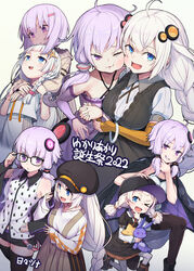  &gt;_o 6+girls a.i._voice adjusting_eyewear ahoge animal_print anniversary arm_hug arms_around_neck artist_name bangle bare_shoulders baseball_cap black_dress black_headwear black_jacket blue_eyes bracelet braid brown_cardigan brown_skirt cabbie_hat cardigan character_name cheek-to-cheek cheek_press collarbone commentary criss-cross_halter detached_sleeves dress elbow_gloves everyone fingerless_gloves glasses gloves grin hair_ornament hair_tubes hairclip halterneck hand_on_another&#039;s_head hand_on_own_chin hand_on_own_hip hands_on_another&#039;s_arms happy_birthday hat heads_together hibi_tsuna highres hip_gear hug hug_from_behind jacket jewelry kizuna_akari kizuna_akari_(a.i._voice) kizuna_akari_(moe) kizuna_akari_(tsubomi) lolicon looking_at_another looking_at_viewer looking_down looking_up multiple_girls multiple_persona one_eye_closed open_mouth orange_gloves orange_ribbon purple_dress purple_eyes purple_hair purple_sleeves rabbit_print ribbed_cardigan ribbon school_uniform shirt short_hair sidelocks skirt smile smug star_(symbol) star_hair_ornament strapless strapless_dress striped_clothes striped_gloves stuffed_animal stuffed_rabbit stuffed_toy suspender_skirt suspenders translated twin_braids upturned_eyes v-shaped_eyebrows vocaloid voiceroid white_background white_hair white_shirt yuzuki_yukari yuzuki_yukari_(a.i._voice) yuzuki_yukari_(nagi) yuzuki_yukari_(shizuku) 