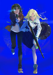  2girls absurdres black_hair blonde_hair blue_background blue_eyes boots brown_eyes commentary finger_on_trigger gun handgun heterochromia highres holding holding_gun holding_weapon hood hoodie kamikoshi_sorawo makarov_pm multiple_girls nishina_toriko oerba_yun_fang pants rifle shoes skirt sneakers stag_(snobby_snob) sweatdrop transparent_hand urasekai_picnic weapon 