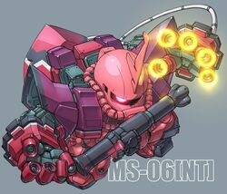  bazooka_(gundam) chibi commentary_request extra_arms finger_cannon from_above full_body glowing glowing_eye grey_background gundam horns no_humans one-eyed pink_eyes simple_background single_horn susagane zaku_ii 