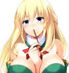  :3 arm_between_breasts bare_shoulders between_breasts blonde_hair blue_eyes blush braid breasts cleavage doria_(p_f_dolia) dress female food french_braid green_dress hair_between_eyes large_breasts long_hair looking_at_viewer neptune_(series) pocky sidelocks simple_background smile solo upper_body vert_(neptunia) white_background 