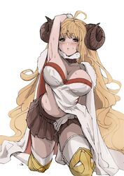  ahoge anila_(granblue_fantasy) armpits blonde_hair blush breasts brown_skirt cleavage coat curled_horns draph eyebrows_hidden_by_hair female fur-trimmed_coat fur_trim glanbluefanta granblue_fantasy highres horns large_breasts ribbon-trimmed_bikini sheep_horns short_eyebrows skirt solo thick_eyebrows thighhighs thighs yellow_eyes 