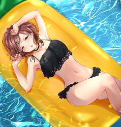  :o absurdres arm_over_head armpits arms_up bare_arms bare_legs bikini black_choker blush breasts choker collarbone female frills from_above hair_ornament hairclip highres higuchi_madoka idolmaster idolmaster_shiny_colors looking_at_viewer lounge mole mole_under_eye navel open_mouth outdoors pool purple_eyes red_hair short_hair sleeveless small_breasts sodemaru_unagi solo spiked_choker spikes swimsuit tankini water x_hair_ornament 