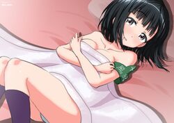  armband artist_name bed_sheet black_eyes black_hair black_socks blanket blunt_bangs blush bob_cut breasts commentary covering_breasts covering_privates dated embarrassed female frown girls_und_panzer gotou_moyoko hair_in_own_mouth highres looking_at_viewer lying medium_breasts on_back on_bed open_mouth panties pantyshot short_hair skindentation socks solo tonan_leopard topless underwear white_panties 