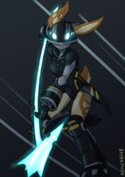  absurd_res anthro armor blue_eyes breasts brown_body brown_fur clothed clothing colored cybernetic_arm cybernetic_leg cybernetic_limb cybernetics energy_hammer energy_weapon female full-length_portrait fully_clothed fur glowing glowing_eyes hammer headgear helmet hi_res holly_zanzibar lagomorph leporid machine mammal orange_body orange_fur portrait rabbit sealer4258 simple_background solo tan_body tan_fur tools warhammer 