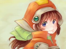  blue_eyes bow brown_hair closed_mouth female hat long_hair looking_at_viewer marguerite_fatima orange_hat ponytail simple_background smile solo xenogears yusoson 