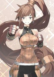  absurdres breasts brown_eyes brown_hair covered_navel cowboy_shot dnf_duel dungeon_and_fighter female fighter_(dungeon_and_fighter) fingerless_gloves gloves grin highres long_hair looking_at_viewer medium_breasts ponytail smile solo striker_(dungeon_and_fighter) tefec very_long_hair 