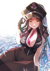  absurdres between_breasts black_bodysuit black_hair blush bodysuit breasts chaldea_logo cleavage covered_navel facial_mark fate/grand_order fate_(series) female fingerless_gloves forehead_mark gloves hat highres in_water large_breasts light_rays logo long_hair looking_at_viewer multicolored_hair nail_polish necktie peaked_cap photoshop_(medium) pink_hair pink_nails sessyoin_kiara sessyoin_kiara_(swimsuit_mooncancer) sessyoin_kiara_(swimsuit_mooncancer)_(second_ascension) shirt sitting sleeveless sleeveless_shirt smile solo streaked_hair suna_co sunlight sweatdrop torn_bodysuit torn_clothes yellow_eyes 