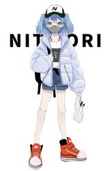  backpack bag belt blue_hair casual coat contemporary denim denim_shorts female flat_cap full_body green_hat hair_between_eyes hair_bobbles hair_ornament hat high_tops highres jewelry kawashiro_nitori key_print legs long_sleeves mask mouth_mask nanasuou necklace open_clothes open_coat padded_coat plastic_bag print_footwear print_headwear print_shirt red_footwear shirt shoes shopping_bag shorts simple_background sneakers solo spring_onion standing thighs touhou twintails white_background white_shirt 