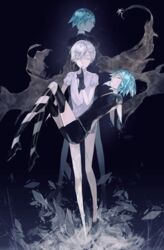  2others absurdres amputee androgynous antarcticite black_gloves broken closed_eyes colored_eyelashes commentary_request cracked_skin crystal_hair double_amputee finger_to_mouth gem_uniform_(houseki_no_kuni) gloves green_hair high_heels highres houseki_no_kuni looking_at_viewer multiple_others necktie other_focus phosphophyllite short_hair short_sleeves shorts shushing smile thkani white_eyes white_hair 