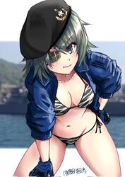  alternate_costume beret bikini black_hat blue_gloves blue_jacket breasts corrupted_twitter_file eyepatch female gloves green_eyes green_hair halterneck hat highres jacket kantai_collection kiso_(kancolle) navel print_bikini short_hair short_sleeves side-tie_bikini_bottom small_breasts smile solo string_bikini swimsuit white_bikini yaegashi_(muzzuleflash) 