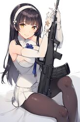  assault_rifle bare_shoulders black_hair breasts brown_eyes brown_pantyhose bullpup commentary elbow_gloves female flower girls&#039;_frontline gloves gun hair_flower hair_ornament hairband highres holding holding_gun holding_weapon knee_up large_breasts long_hair looking_at_viewer name_connection object_namesake pantyhose pleated_skirt qbz-95 rifle rikoma shirt sitting skirt sleeveless sleeveless_shirt solo type_95_(girls&#039;_frontline) very_long_hair weapon white_flower white_gloves white_hairband white_shirt white_skirt 