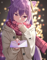  absurdres alternate_costume amco blush braid casual closed_mouth coat commentary double_bun female genshin_impact hair_bun hair_ornament hairclip heart highres incoming_letter keqing_(genshin_impact) long_hair long_sleeves looking_at_viewer looking_to_the_side love_letter purple_eyes purple_hair red_scarf scarf sleeves_past_wrists solo sweater tsundere twintails winter_clothes winter_coat 