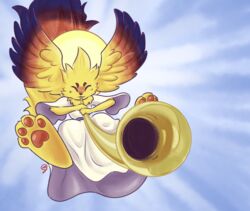  ambiguous_gender angel anthro brass_instrument christianity closed_eyes clothed clothing digital_drawing_(artwork) digital_media_(artwork) feathered_wings feathers feet foot_focus fur halo head_wings hi_res hindpaw holidays horn_(musical_instrument) mdjoe musical_instrument pawpads paws religion robe signature simple_background smile solo toes unknown_character unknown_species wind_instrument wings yellow_body yellow_fur 