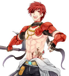  1boy :d abs axe bangs black_gloves black_pants chains chest_tattoo commentary_request cowboy_shot eyepatch fingerless_gloves gloves grey_jumpsuit hair_between_eyes holding holding_axe jumpsuit_around_waist looking_at_viewer mechanic_(ragnarok_online) misuguu nipples open_mouth pants pouch ragnarok_online red_armor red_eyes red_hair scorpion_tattoo short_hair shrug_(clothing) simple_background smile solo tattoo teeth tongue white_background 