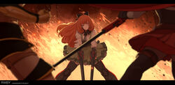  3girls ahoge backlighting bad_end battle black_bow black_bowtie black_gloves black_legwear black_skirt blurry blurry_foreground bow bowtie cape clenched_teeth commentary corset crescent_rose depth_of_field dishwasher1910 dual_wielding english_commentary fire floating_hair garter_straps gloves green_skirt gun hairbow holding holding_gun holding_weapon layered_skirt letterboxed looking_at_viewer mechanical_arms mechanical_legs miniskirt multiple_girls one_eye_closed orange_hair penny_polendina prosthesis prosthetic_arm red_cape red_eyes red_skirt ruby_rose rwby shirt short_sleeves single_mechanical_arm single_mechanical_leg skirt solo_focus spoilers spread_legs standing suspender_skirt suspenders teeth thighhighs torn_clothes torn_shirt weapon white_shirt yang_xiao_long yellow_legwear 