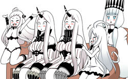  5girls abyssal_ship airfield_princess blood blue_eyes blush_stickers breasts claws cleavage cleavage_cutout clothing_cutout colored_skin commentary_request crying detached_sleeves dress hat horns jitome kantai_collection leotard medium_breasts multiple_girls northern_water_princess nosebleed open_mouth oversized_forearms oversized_limbs pointing ribbed_dress roshiakouji-chan seaport_princess seaport_water_oni sidelocks single_horn smile streaming_tears submarine_princess tears white_dress white_hair white_skin 