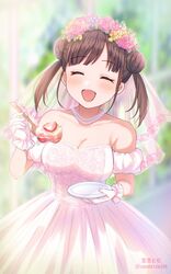  ^_^ artist_name bare_shoulders blurry blurry_background blush breasts bridal_veil brown_hair cake cake_slice cleavage closed_eyes collarbone detached_sleeves dot_nose double_bun dress female flower flower_wreath food fork frilled_gloves frills fruit gloves hair_bun hands_up highres holding holding_fork holding_plate idolmaster idolmaster_shiny_colors indoors jewelry lace-trimmed_dress lace_trim large_breasts long_hair necklace open_mouth pearl_necklace pink_flower pink_rose plate purple_flower rose smile solo sonoda_chiyoko soramame_tomu strapless strapless_dress strawberry tree twintails twitter_username veil wedding_dress white_dress white_gloves white_sleeves window yellow_flower 