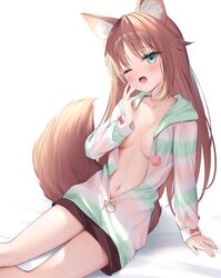  ;o absurdres animal_ears breasts breasts_apart brown_hair collarbone drawstring female fox_ears fox_girl fox_tail green_eyes hand_up highres hood hood_down hooded_jacket jacket long_hair long_sleeves looking_at_viewer mahoroba_youjo_kitan medium_breasts navel no_bra one_eye_closed open_clothes open_jacket open_mouth sitting solo suyamori tail thighs unzipped white_jacket yokozuwari 