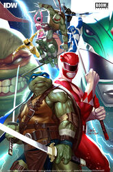  2girls 6+boys arm_guards armor battle belt black_bodysuit black_ranger blue_bodysuit blue_ranger bodysuit boom!_studios boots bow_(weapon) comic_cover commentary cover_image crossover dagger donatello_(tmnt) dual_wielding english_commentary footninja gloves gold_armor gold_trim green_bodysuit green_ranger helmet highres holding holding_bow_(weapon) holding_dagger holding_knife holding_staff holding_sword holding_weapon idw_publishing in-hyuk_lee jason_lee_scott katana kimberly_ann_hart knife leonardo_(tmnt) looking_at_viewer mask michelangelo_(tmnt) mighty_morphin_power_rangers mighty_morphin_power_rangers/teenage_mutant_ninja_turtles multiple_boys multiple_girls ninja ninjatou nunchaku official_art pink_bodysuit pink_ranger power_rangers raphael_(tmnt) realistic red_bodysuit red_ranger sai_(weapon) short_sword shoulder_armor shredder_(idw) staff sword teenage_mutant_ninja_turtles teenage_mutant_ninja_turtles_(idw) tommy_oliver trini_kwan turtle weapon william_cranston yellow_bodysuit yellow_ranger zachary_taylor 