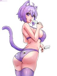  ahoge animal_ear_fluff animal_ears artist_name ass bare_back bare_shoulders bebatch bikini breasts cat_ears cat_girl cat_tail female food highres holding holding_food hololive large_breasts looking_back nekomata_okayu onigiri_print open_mouth popsicle purple_bikini purple_eyes purple_hair purple_thighhighs saliva saliva_trail solo sweat swimsuit tail teeth thighhighs thighs tongue tongue_out upper_teeth_only virtual_youtuber 