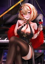  :d alcohol azur_lane bare_shoulders black_dress black_thighhighs blonde_hair bracelet breasts chushou_wang cleavage collarbone crossed_legs cup dress drinking_glass feather_boa female hair_between_eyes hair_ornament highres holding holding_cup huge_breasts instrument jewelry light_blush looking_at_viewer multicolored_hair multiple_rings nail_polish official_alternate_costume piano red_hair red_nails red_wine ring roon_(azur_lane) roon_(viridescent_lullaby)_(azur_lane) short_dress short_hair sitting sleeveless sleeveless_dress smile solo streaked_hair thighhighs two-tone_hair wine wine_glass yellow_eyes 