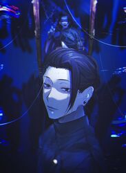  2boys ^_^ black_eyes black_hair black_jacket blue_background blue_theme closed_eyes closed_mouth dual_persona ear_piercing getou_suguru hair_pulled_back hand_up highres jacket jujutsu_kaisen kuropani_cos long_hair looking_at_viewer male_focus mirror multiple_boys open_mouth piercing reflection short_hair smile stitching upper_body 