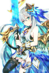  bangs bare_shoulders black_legwear blue_eyes blue_hair breasts character_request closed_mouth commentary_request cryptract dress eyebrows_visible_through_hair feathered_wings female green_wings grey_hair hair_between_eyes hair_ornament halo highres holding holding_sword holding_weapon kikka_(kicca_choco) long_hair looking_at_viewer medium_breasts multicolored_hair single_thighhigh solo sword thighhighs two-tone_hair very_long_hair weapon white_background white_dress wings wrist_cuffs 