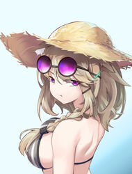  :t animal_ear_fluff animal_ears arknights bare_shoulders bikini blue_background braid breasts brown_hair commentary eyewear_on_head female grey_bikini hair_between_eyes hat large_breasts ling_huanxiang long_hair looking_at_viewer official_alternate_costume purple_eyes single_braid solo sun_hat sunglasses swimsuit upper_body utage_(arknights) utage_(summer_flowers)_(arknights) 