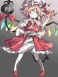  back_bow blonde_hair bow center_frills closed_eyes closed_mouth collared_shirt commentary_request crushing crystal dress_shirt eighth_note female flandre_scarlet frilled_shirt_collar frills front_slit full_body gradient_background hair_between_eyes hat hat_ribbon highres holding holding_staff laevatein_(touhou) medium_hair mob_cap musical_note overskirt red_footwear red_ribbon red_skirt red_vest ribbon ribbon-trimmed_headwear ribbon_trim shirt shoes side_ponytail skirt skirt_set smile solo staff sunken_fossil_world sutaku77224 touhou vest white_footwear white_hat white_legwear white_shirt wings 