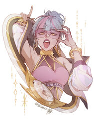  adjusting_eyewear arm_up armpits bangle bebseo blue_hair bracelet breasts commentary dark-skinned_female dark_skin earrings english_commentary female fingernails hair_bun highres hoop hoop_earrings jewelry league_of_legends lipstick looking_at_viewer makeup medium_breasts multicolored_hair piercing pink-tinted_eyewear pink_hair purple_lips qiyana_(league_of_legends) rimless_eyewear sharp_fingernails short_hair single_hair_bun solo sunglasses tinted_eyewear tongue tongue_out tongue_piercing true_damage_(league_of_legends) true_damage_qiyana two-tone_hair yellow_eyes 