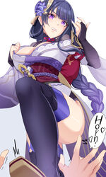  1other absurdres braid breasts bridal_gauntlets clenched_teeth english_text female flower genshin_impact hair_ornament highres japanese_clothes kimono long_hair low-braided_long_hair low-tied_long_hair mole mole_under_eye noise_paper obi obiage obijime parted_lips purple_eyes purple_flower purple_hair raiden_shogun sash single_braid solo_focus stomping tassel teeth thighhighs thighs tomoe_(symbol) 