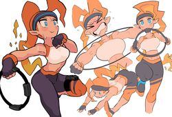  black_pants blue_eyes clenched_teeth crop_top energy_hair female fingerless_gloves gashi-gashi gloves headband midriff nintendo orange_hair pants pointy_ears rectangular_pupils ring-con ring_fit_adventure ring_fit_trainee ring_fit_trainee_(female) running sports_bra standing standing_on_one_leg stretching sweat teeth toned yoga_pants 