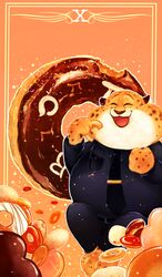  abstract_background anthro benjamin_clawhauser black_spots bottomwear cheetah closed_eyes clothed clothing dessert disney doughnut fangs felid feline food fully_clothed fur hi_res holding_food holding_object liego mammal markings necktie open_mouth open_smile orange_background pants pastry police police_officer_eating_donut police_uniform shirt simple_background smile solo spots spotted_body spotted_fur sprinkles teeth topwear uniform whiskers white_body white_fur yellow_body yellow_fur zootopia 