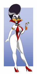  anatid anseriform anthro armlet astraldog avian beak beverage bird breasts choker cleavage clothed clothing collar darkwing_duck disney duck ducktales eyewear female footwear hair hi_res jewelry morgana_macawber necklace non-mammal_breasts shoes solo sunglasses swimwear white_body 