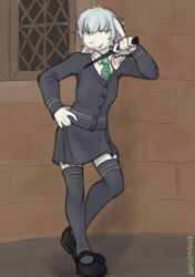  absurd_res anthro clothed clothing colored crossdressing detailed_background femboy full-length_portrait fully_clothed fur green_eyes green_necktie hair harry_potter_(series) hi_res hogwarts_uniform lagomorph leporid magic_wand male mammal necktie open_mouth outside portrait rabbit school_uniform sealer4258 slytherin solo standing teeth uniform white_body white_fur white_hair zack_(thezackrabbit) 