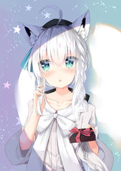  :&lt; ahoge animal_ear_fluff animal_ears aqua_eyes black_headwear blush bow braid collarbone dress dress_bow female fox_ears fox_girl gift hair_between_eyes highres holding holding_gift hololive incoming_gift long_hair looking_at_viewer lr_(last_remote_514) medium_hair official_alternate_costume shirakami_fubuki shirakami_fubuki_(street) side_braid simple_background solo star_(symbol) starry_background valentine virtual_youtuber white_dress white_hair 