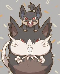  alolan_raticate alolan_rattata bright_pupils commentary_request evolutionary_line fangs grey_background kaniharu looking_at_viewer no_humans open_mouth pokemon pokemon_(creature) red_eyes tongue white_pupils 