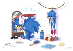  1boy adjusting_hair bad_id bad_twitter_id blue_fur commentary_request cosplay digital_media_player earbuds earphones furry furry_male gloves green_eyes hedgehog highres indian_style kigurumi large_shoes male_focus mirror red_footwear redesign reflection shoes sitting sneakers snout solo sonic_(live_action) sonic_(series) sonic_the_hedgehog sonic_the_hedgehog_(film) ugly_sonic uno_yuuji white_gloves 