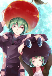  2boys age_difference age_progression animal_hat arm_up arms_behind_head artist_name buttons closed_mouth coat collar collared_jacket fran_(reborn) frog_hat fruit_hat fur_collar fur_trim green_eyes green_hair green_jacket hand_on_headwear hat highres jacket katekyo_hitman_reborn! lolicon long_sleeves looking_at_another looking_down looking_to_the_side male_focus multiple_boys multiple_persona noko_(noko1886) open_clothes open_jacket shirt short_hair standing straight_hair uniform white_shirt 