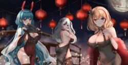  :o absurdres animal_ears ass azur_lane backless_dress backless_outfit bare_shoulders black_dress black_gloves black_hair blonde_hair blush boise_(azur_lane) boise_(jade_mermaid)_(azur_lane) breasts cleavage commentary_request dress elbe_(azur_lane) elbow_gloves fake_animal_ears feather_boa fingerless_gloves folding_fan gloves grey_hair hair_ornament halter_dress halterneck hand_fan highres holding holding_fan jewelry lantern lantern_festival large_breasts looking_at_viewer multicolored_hair multiple_girls official_alternate_costume paper_lantern rabbit_ears red_hair rei_tuki ring roon_(azur_lane) roon_(viridescent_lullaby)_(azur_lane) short_hair sky_lantern sleeveless sleeveless_dress streaked_hair tight_clothes tight_dress two-tone_hair wedding_ring 