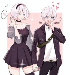  1boy 2b_(nier:automata) 9s_(nier:automata) black_dress black_hairband black_jacket blush bob_cut casual couple dinikee dress female hairband holding_hands jacket mole mole_under_mouth nier:automata nier_(series) no_blindfold shirt shy straight thighhighs unworn_blindfold white_hair white_shirt 