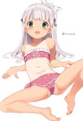  bare_arms bare_legs bare_shoulders barefoot bikini blush dx_(dekusu) eyebrows_visible_through_hair female green_eyes highres kantai_collection long_hair maestrale_(kancolle) navel one_side_up open_mouth pink_bikini silver_hair simple_background smile solo swimsuit tan tanline twitter_username white_background 