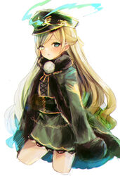  bangs blue_eyes blush character_request commentary_request cropped_legs cross-laced_clothes cryptract eyebrows_visible_through_hair female fur-trimmed_jacket fur-trimmed_sleeves fur_trim green_headwear green_jacket green_shirt green_skirt grey_eyes hat heterochromia highres jacket kikka_(kicca_choco) light_brown_hair long_hair long_sleeves looking_at_viewer open_clothes open_jacket parted_lips peaked_cap shirt simple_background skirt sleeves_past_fingers sleeves_past_wrists solo very_long_hair white_background 