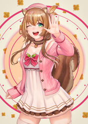  ;d acorn animal_ears arm_at_side ayunda_risu ayunda_risu_(1st_costume) bad_id bad_pixiv_id blush bow breasts brown_choker brown_hair cardigan choker collarbone commentary cowboy_shot dress female frilled_dress frills green_eyes hair_bobbles hair_ornament hand_up hat highres hololive hololive_indonesia leaf lerio_(leriodraws) long_hair long_sleeves looking_at_viewer low_twintails medium_breasts one_eye_closed open_clothes open_mouth photoshop_(medium) pink_cardigan smile solo squirrel_ears squirrel_girl squirrel_tail striped striped_bow tail thighhighs twintails virtual_youtuber white_dress white_thighhighs zettai_ryouiki 