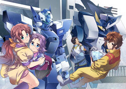  2boys 2girls aqua_eyes armorlion assault_visor bittsu_(v1tz) black_hair blue_eyes boots facial_hair floating glasses green_eyes hair_behind_ear hangar holding holding_tablet_pc huckebein_mk_ii_m jumpsuit kai_kitamura latooni_subota mecha moustache multiple_boys multiple_girls purple_hair red_hair robot ryouto_hikawa science_fiction super_robot_wars super_robot_wars_original_generation tablet_pc tied_hair tsugumi_takakura white_footwear yellow_jumpsuit 