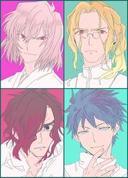  4boys bad_id bad_twitter_id black_eyes black_hair blonde_hair collage commentary_request glasses highres kishima_kouma long_hair melty_blood michael_roa_valdamjong multiple_boys n2o_sho nanaya_shiki ponytail red_eyes short_hair simple_background smile tohno_shiki_(2) tsukihime type-moon white_hair 