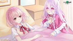  2girls bed bedroom brown_eyes closed_mouth date_a_live date_a_live:_rinne_utopia date_a_live:_spirit_pledge date_a_live:_twin_edition_rio_reincarnation dress frilled_dress frills highres indoors lolicon long_hair long_sleeves mother_and_daughter multiple_girls official_art pillow pink_hair purple_hair red_eyes red_ribbon ribbon school_uniform shirt short_hair smile sonogami_rinne sonogami_rio sweater_vest white_shirt wide-eyed 